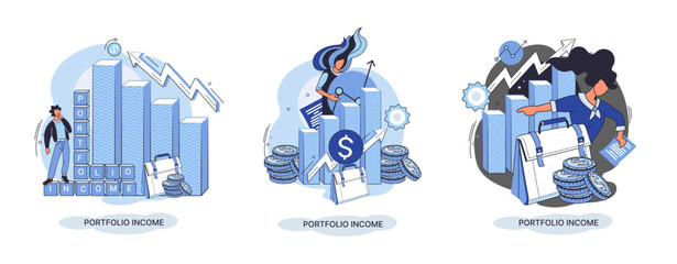 Investment portfolio income dollars currency, buy sell trading, market exchange value metaphor, businessman investor or trader balance portfolio with coins. Financiers analyzing stock market profit