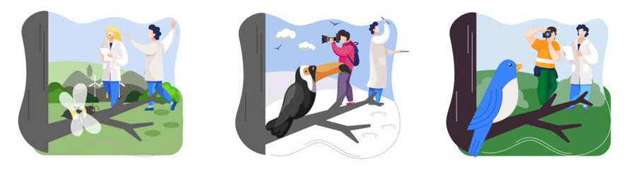 Observation of animals in wild. Ecologists scientists conduct research, take care of fowl and nature. Researcher study flora fauna and environment. Professional ecological activist photographing bird