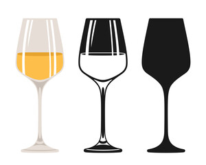 Wineglass sign white wine set. Glass design symbol, silhouette, icon, stamp engraving alcohol beverages. Winemaking advertisement design for cafe, bar restaurant menu, invitation party vector
