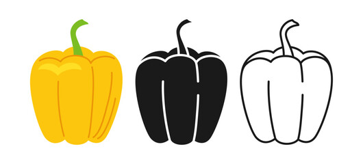 Paprika cartoon linear icon set, doodle style, engraving silhouette. Symbol fresh bell pepper vegetable, organic healthy food design. Harvest agricultural vegetarian kitchen, farm market menu vector