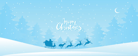 Merry christmas banner. Snow-covered winter forest, silhouette of Santa Claus on a sleigh and handwritten lettering wish. Vector flat cartoon illustration.