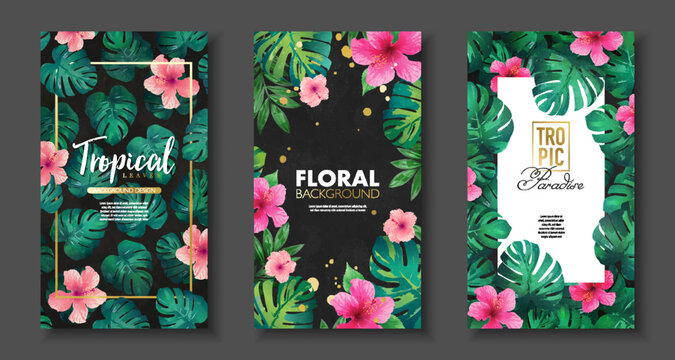 Tropical background set of social media story design with jungle flowers and plants. Vector design template