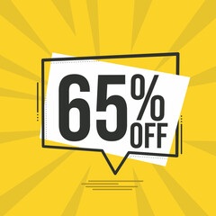 65 percent off Yellow banner with floating balloon for promotions and offers.
