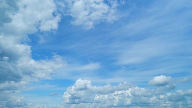 Moving clouds against a blue sky. Weather forecast, climate, atmospheric layer, nature. Timelapse.