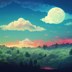 Cartoon illustration of sunrise over the forest. High quality illustration