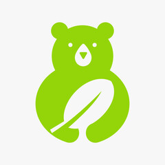 Bear Eco Logo Negative Space Vector Template. Bear Holding Leaf Symbol