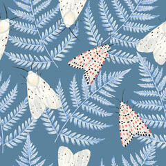 Hand drawn seamless pattern with fern leaves and white cute moths. Detailed watercolor botanical illustration.