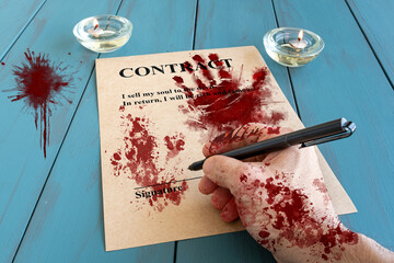 Bloodied man's hand and with fountain pen, signing a demonic contract next to lit candles.