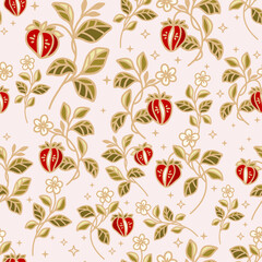 Hand drawn vintage sweet strawberry vector seamless pattern illustration with leaf branch and floral elements