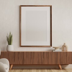 Vertical wood frame mockup in living room interior with light reflection. 3d rendering, 3d illustration