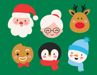 Cute Christmas vector illustration set including Santa Claus, Mrs. Claus, reindeer, gingerbread man, snowman, and penguin.