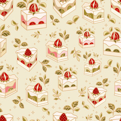 Vintage hand drawn sweet strawberry cake and pastry vector seamless pattern illustration with leaf branch and floral elements