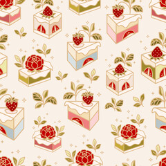 Vintage hand drawn sweet strawberry cake and pastry vector seamless pattern illustration with leaf branch and floral elements