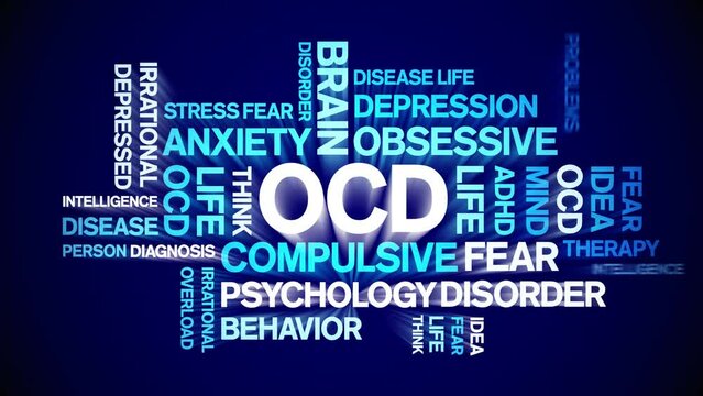 OCD animated tag word cloud;Obsessive-Compulsive Disorder animation kinetic typography seamless loop.