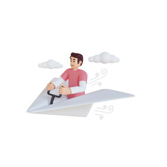 young man driving on paper airplane 3d character illustration