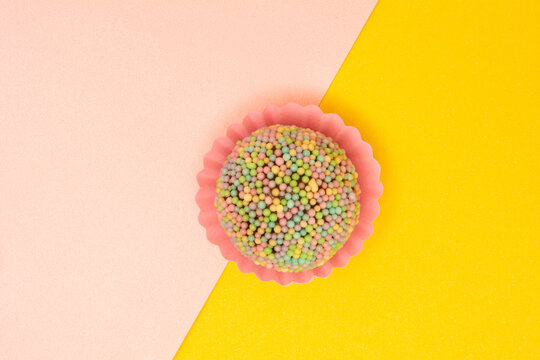 Colorful gourmet brigadeiro, tradicional Brazilian sweet, top view