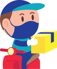 Delivery man riding scooter courier and hang over parcel to customer
