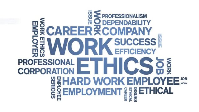 Work Ethics animated tag word cloud;text design animation kinetic typography seamless loop.