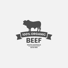 Organic Beef Label Vector or Organic Beef Logo Vector. Cattle logo template in trendy style. Suitable for many purposes about Cow or cattle. Organic Beef Label or stamp text 100% organic.