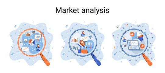 Market statistics data analysis metaphor marketing strategy development. Business research. Identify business needs determine solutions problems solving. View financial data through magnifying glass