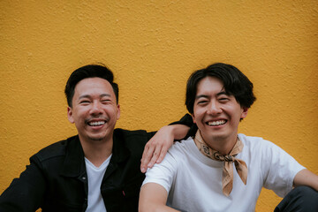 笑顔で寄り添う同性カップル ポートレイト