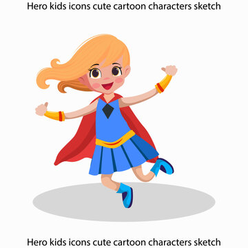 Hero kids icons cute cartoon characters sketch