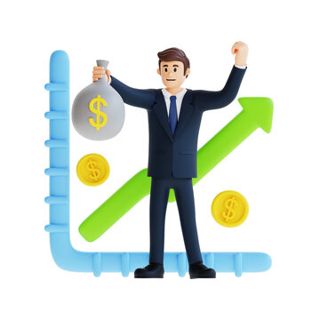 businessman holding a sack of money 3d character illustration