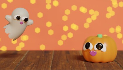 Obraz premium Halloween banner whit pumpkin and ghost. 3D Illustration. Above view over an orange banner background with copy space.