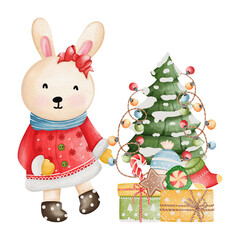 Cute Bunny in Santa costume, Watercolor Christmas season illustration, Christmas animal illustration