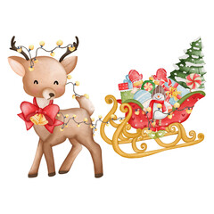 Cute Reindeer with  Santa Claus sleigh. Watercolor Christmas season illustration