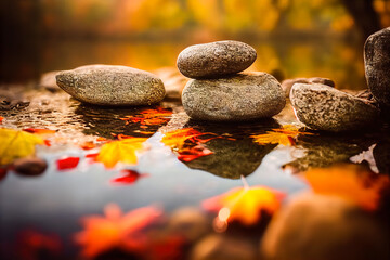 3D Illustration, Digital Art, Close-up on autumn leaves in a lake with a stones.