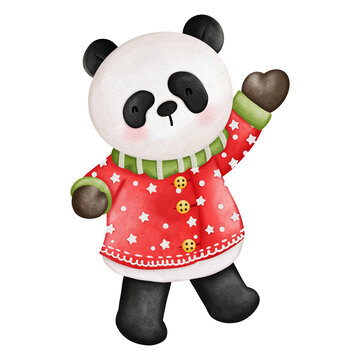 Cute Panda in Santa costume, Watercolor Christmas season illustration, Christmas animal illustration