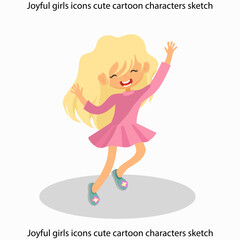 Joyful girls icons cute cartoon characters sketch