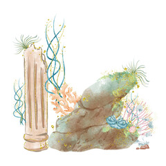 underwater rock with seaplant watercolor png illustration