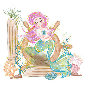 Mermaid watercolor png illustration with gold glitter