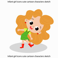 Infant girl icons cute cartoon characters sketch