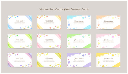 business cards templates with colorful watercolor bubbles, gold lines