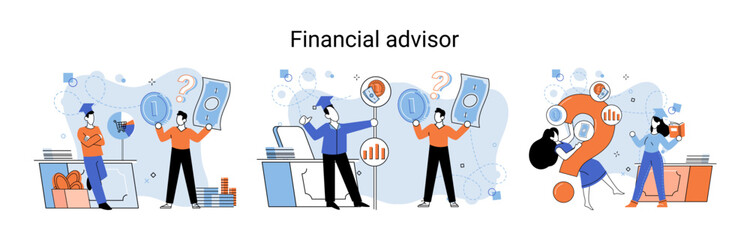 Financial advisor giving advice investment money market analysis management planning for customer. Fiscal consultant professional in finance. Business development successful vested interests metaphor