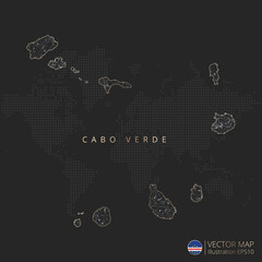 Cape Verde vector map abstract geometric mesh polygonal light concept with gold and white glowing contour lines countries and dots on dark background.