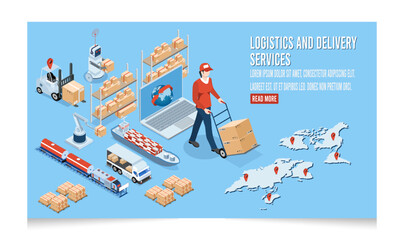 3D isometric Logistics and Delivery services concept with People transport product boxes from suppliers to buyers and Warehouse, truck, forklift. Vector illustration eps10