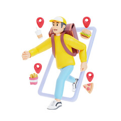 young man shopping online food on big cellphone 3d character illustration