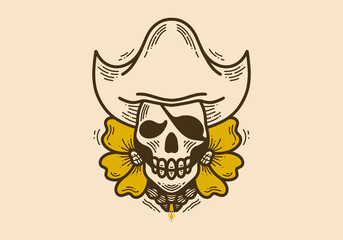 Vintage style illustration of a skull wearing a pirate hat with sunflowers on the side