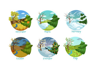 September, march, february, october, december, may months of year set. Four seasons nature landscapes in circles vector illustration