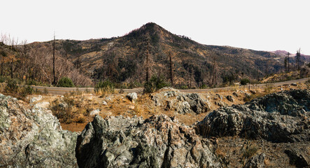 Autumn mountain range landscape with rocky hills on Skyway road in Maglia near Paradise, Northern California