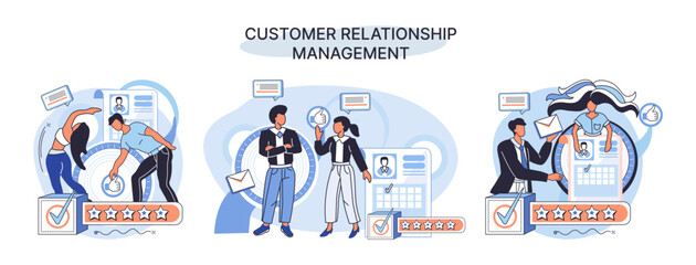 CRM metaphor. Customer Relationship Management. Application software for organizations automatisation of customer interaction strategies to increase sales, optimize marketing, improve customer service