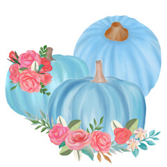 Blue pumpkin rose flower bouquet watercolor. 