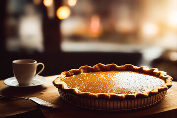 3D Illustration, Digital Art, Close-up on a delicious low carb pumpkin pie on a wooden table with a restaurant in the background. - obrazy, fototapety, plakaty