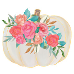 White fall pumpkin with rose flower bouquet watercolor with hand drawing. 