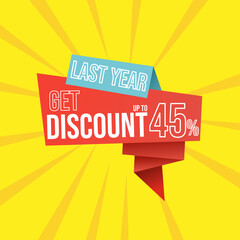 Fototapeta premium Discount last year up to 45 percent red banner with floating ribbon banner for promotions and offers.