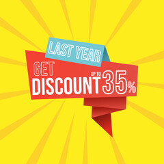 Discount last year up to 35 percent red banner with floating ribbon banner for promotions and offers.